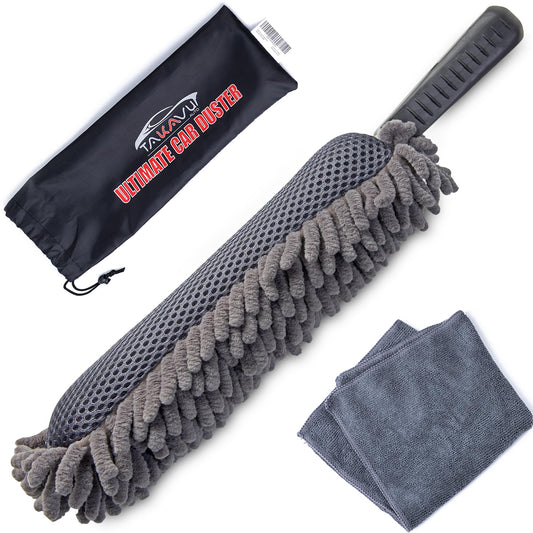 Car Duster Interior by TAKAVU, 360° Microfiber Fingers, Unbreakable Comfort Handle, Lint and Scratch Free, Include Microfiber Towel, for Car & Home Use, The Best Auto Accessories Gray