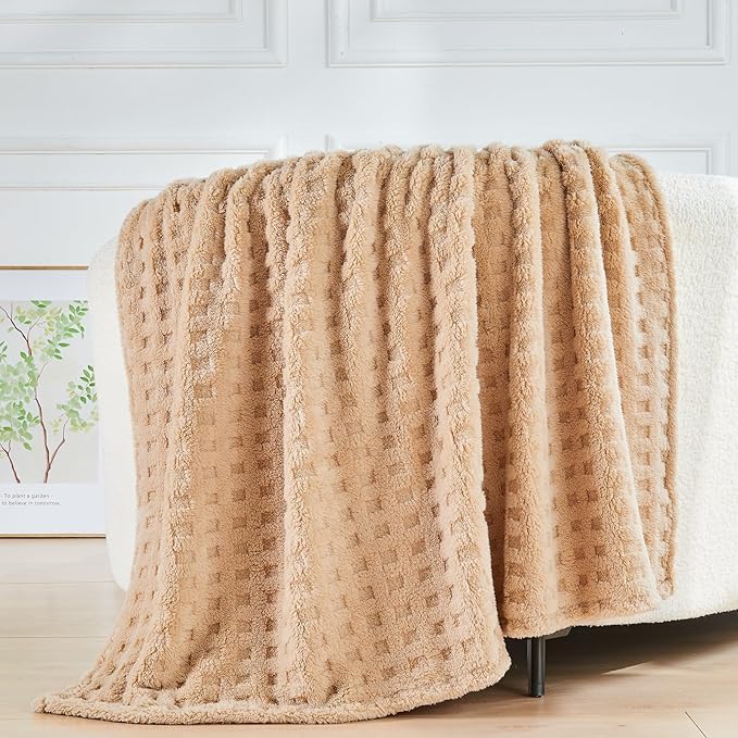 NEWCOSPLAY Super Soft King Blanket Brown Premium Silky Flannel Fleece 3D Waffle Checkered Lightweight Bed Blanket All Season Use (Brown, King(90"x110"))