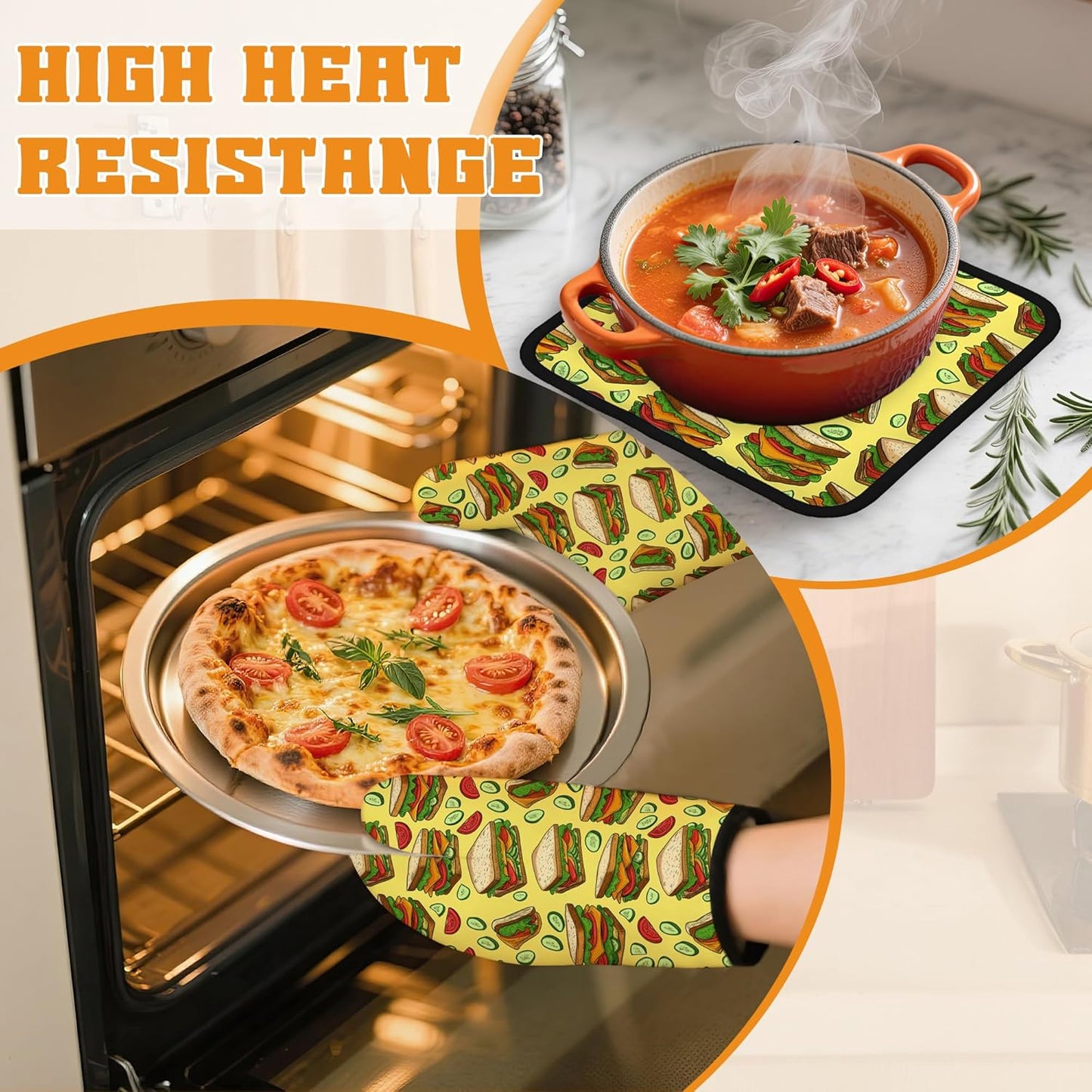 Cute Sandwich Oven Mitts and Pot Holders,Heat Resistant Oven Mitts Gloves and Pot Holder for Home Kitchen Decorations Cooking Baking BBQ Gifts,Set of 4