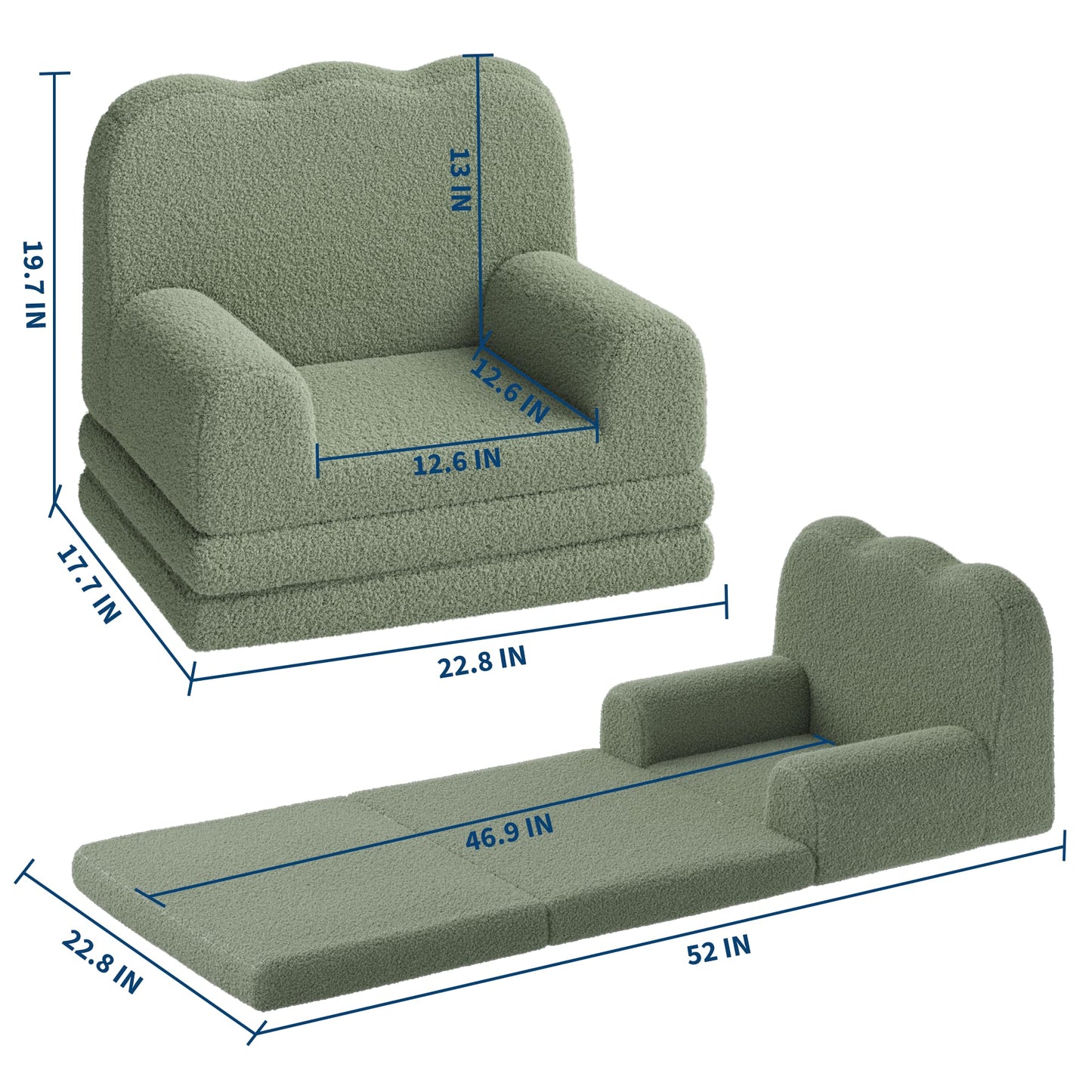 GarveeHome Kids Couch, 2-in-1 Comfy Toddler Couch Fold Out, Convertible Sofa to Lounger with Cute Wave Design, Foam Kids Chair with Soft Sherpa, Gift for Girls and Boys (Green Wavy)