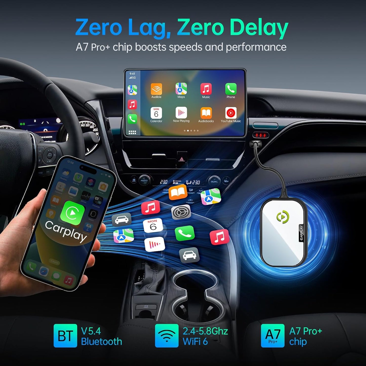 Wireless CarPlay Adapter for Apple iPhone, Converts Factory Wired CarPlay to Wireless CarPlay 2024 Upgrade Plug & Play Auto Connect Fast Easy Use for Cars from 2017 & iPhone iOS 10+ Matte Black