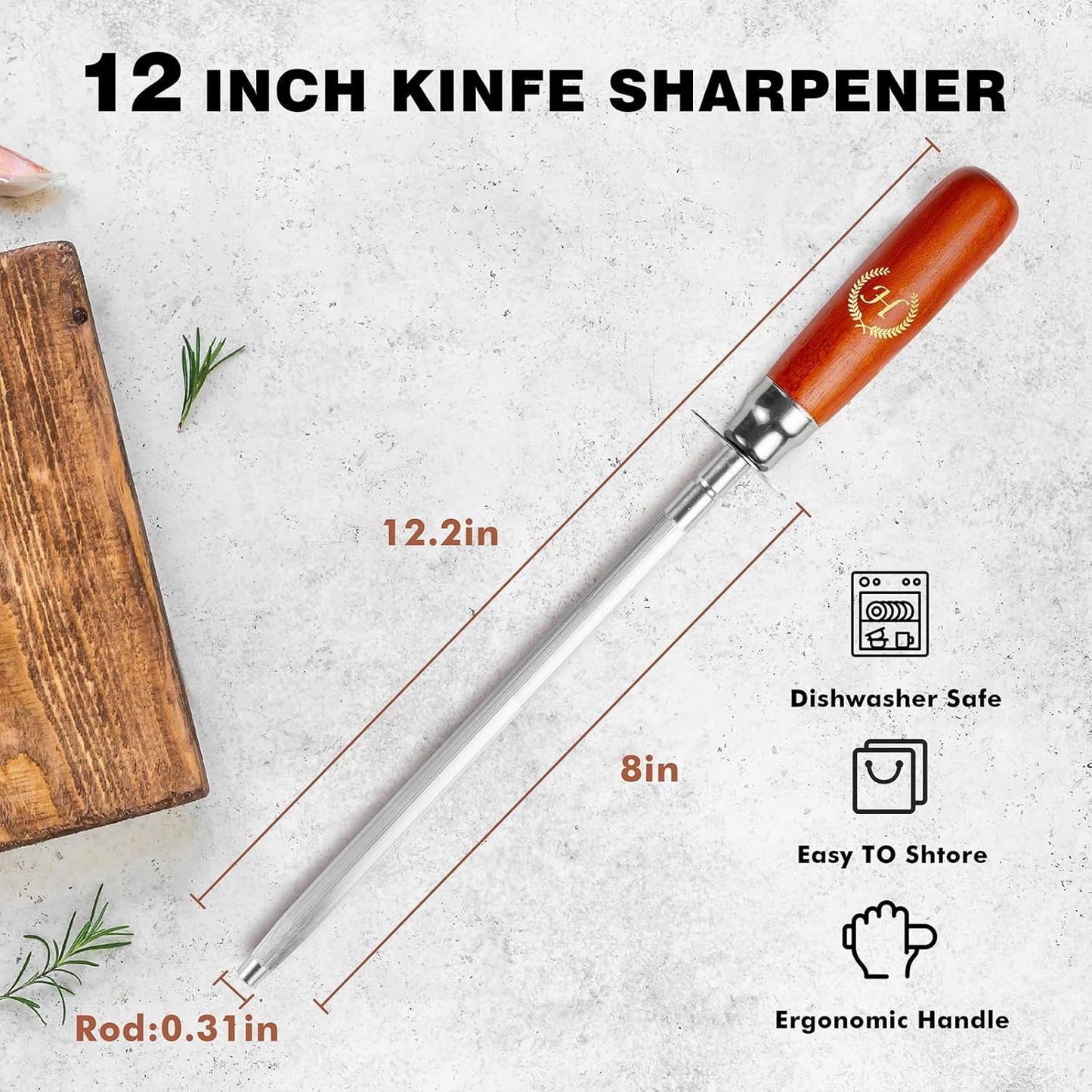 Knife Sharpener Rod, Kitchen Knives Sharpener Carbon Steel Professional Knife Sharpening Steel, Honing Rod with Hanging Holes (13 inches), H