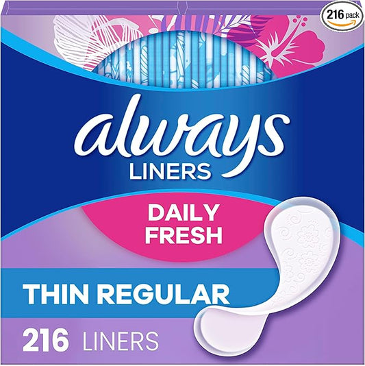 Always Daily Fresh Thin Liners, Regular Absorbency, Unscented Panty Liners, 216 Count (Packaging May Vary)