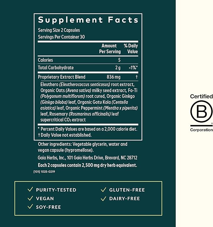 Gaia Herbs Mental Alertness - Brain Support Supplement to Help Maintain Focus & Memory* - with Eleuthero, Ginkgo Leaf, Gotu Kola, Rosemary & Oats - 60 Vegan Liquid Phyto-Capsules (15-Day Supply)