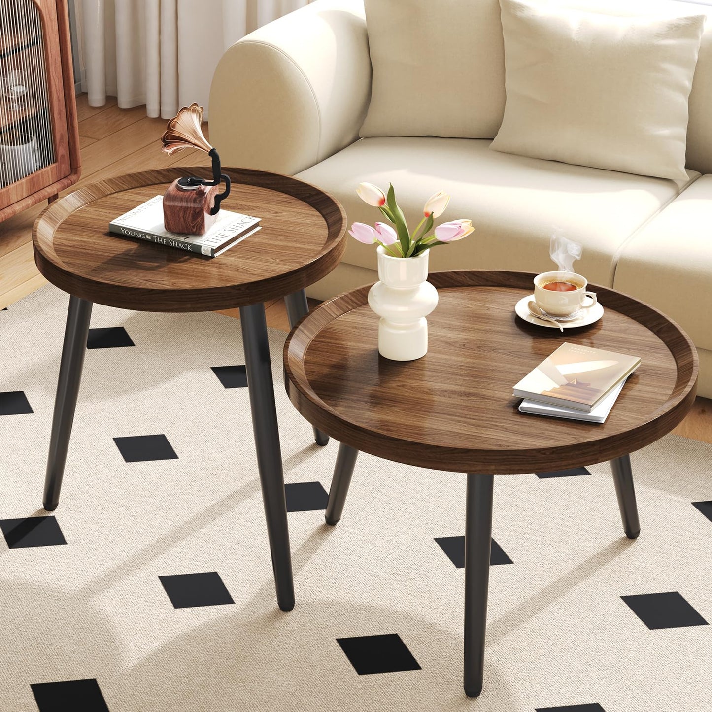 2 PCS Small Round Coffee Table, Walnut Nesting Tables for Small Spaces, Mid Century Modern Centre Table, Easy Assembly Circle Coffee Tables for Living Room, Minimalist Nesting Coffee Table Set of 2