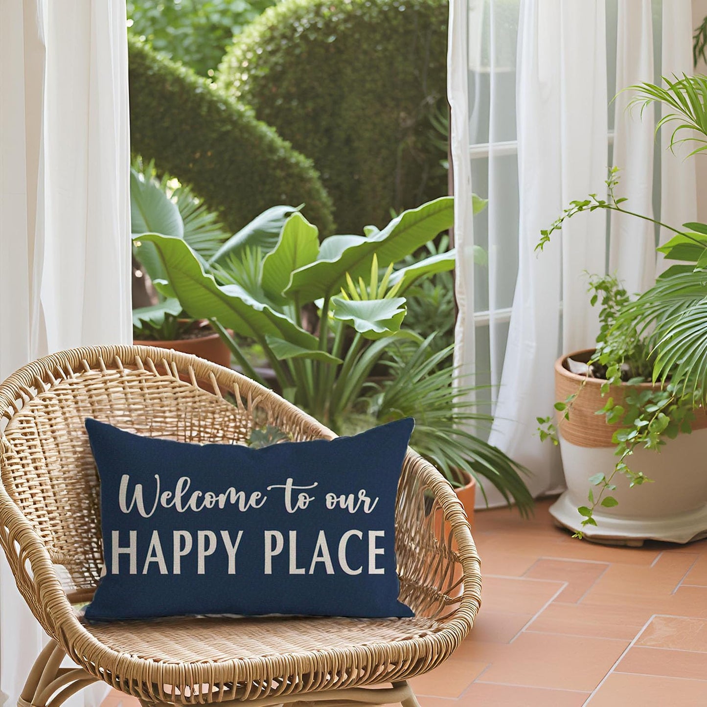 HERHOME Decorative Throw Pillow Cover 12x20 Inch Welcome to Our Happy Place Blue Outdoor Farmhouse Coastal Front Porch Patio Decor Lumbar Cushion Case Decoration for Living Room Sofa Couch