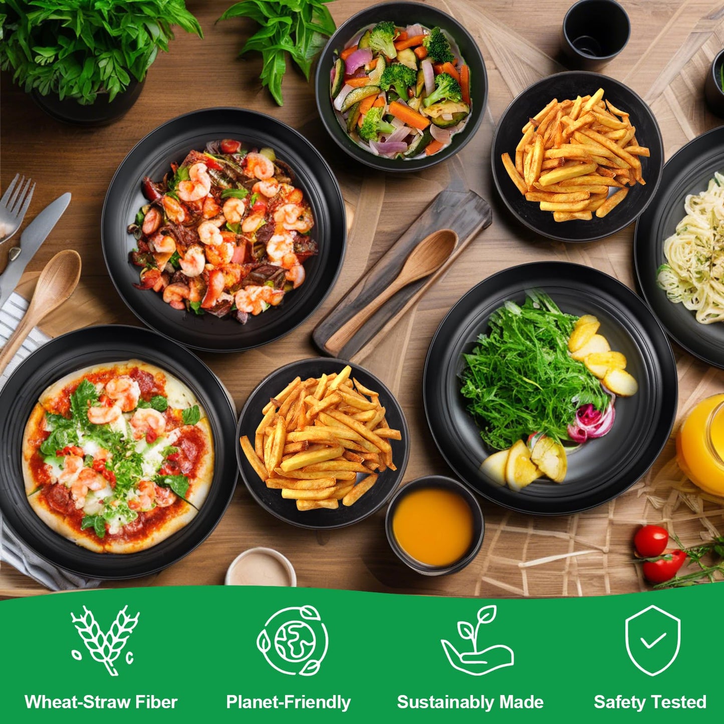 LIYH 16 Pcs Black Wheat Straw Dinnerware Set - Unbreakable Plates and Bowls Set, Dish Set for 4, Black Plastic Dinnerware Set Include Wheat Straw Dinner Plates Bowls Cups Kitchen & Camping