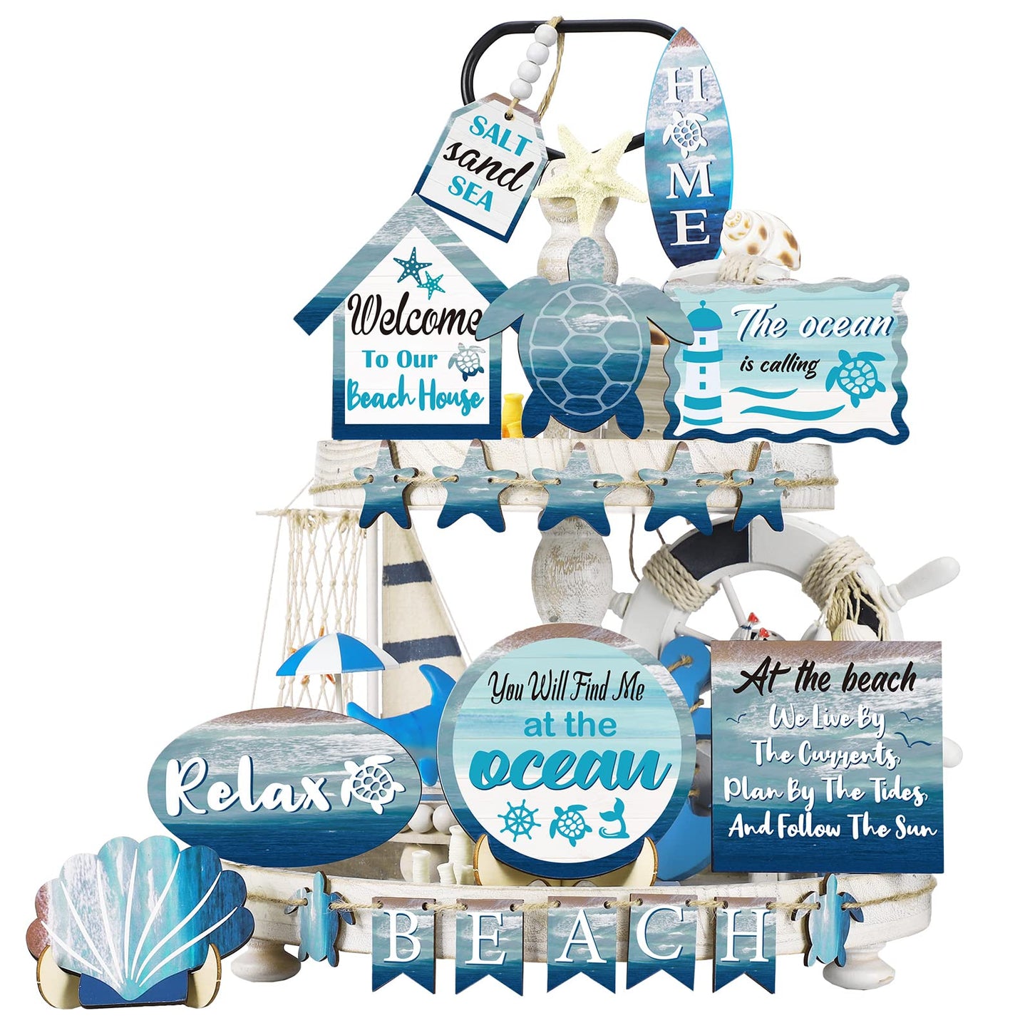 Maitys 21 Pcs Summer Beach Tiered Tray Decor Set Farmhouse Tray Decor Items Sea Turtle Shell Conch Wood Sign Rustic Beach Table Decoration for Home Kitchen Hawaii Party Holiday Outdoor Shelf