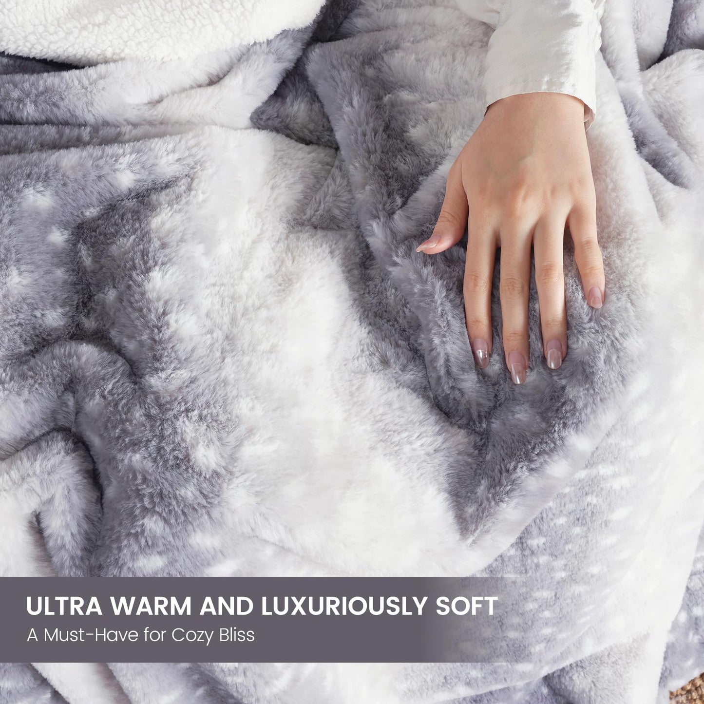 Cozy Bliss Luxury Faux Fur Throw Blanket Deer Print, Non Shedding Reversible Sherpa Blankets Super Soft Fuzzy Thick Warm Throws Home Decor for Christmas Couch Bed Sofa Women (Grey, 60x80 Inches)