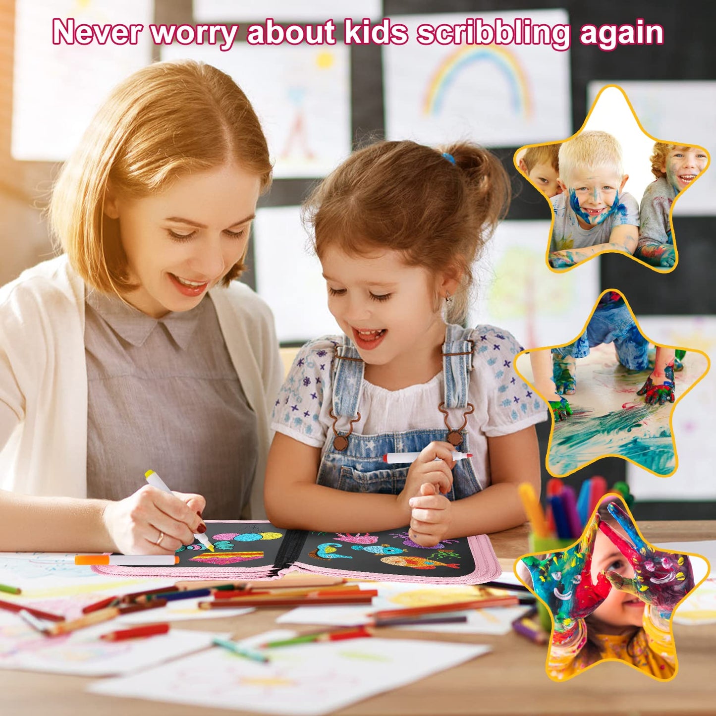 Qrytoi Erasable Book Doodle Set for Kids,Magic Drawing Book for Kids,Reusable Drawing Book 12 Watercolor Pens 14 Page Drawing,Road Trip Car Game Writing Painting Set for Boys and Girls