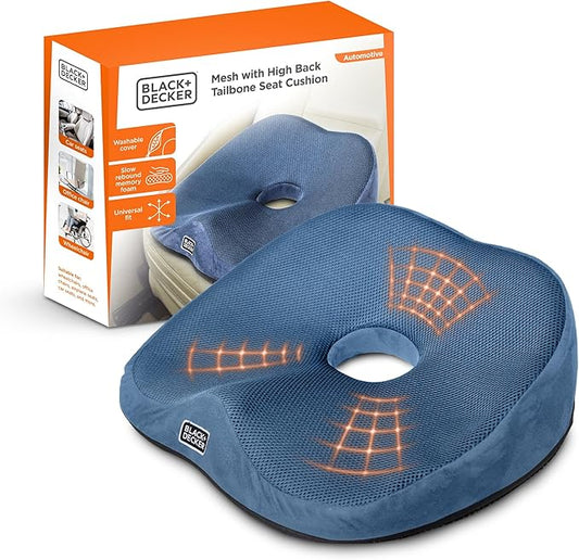 BLACK+DECKER High Back Tailbone Seat Cushion – Memory Foam Chair Cushion for Office, Car, Wheelchair & Airplane – Ergonomic, Non Slip, Breathable Mesh, Sciatic Pain Relief, Washable Cover, Blue
