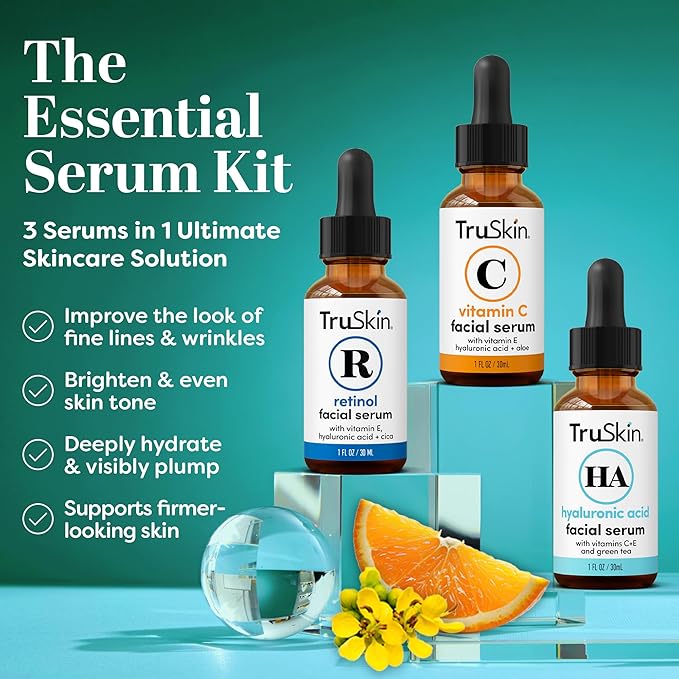 TruSkin Face Serum Trio – Hyaluronic Acid, Vitamin C & Retinol Serum for Face – Anti Aging Skin Care Set for Women – Skincare for Bright, Smooth, Hydrated & Firmer-Looking Skin, 1 fl oz, 3 Bottles