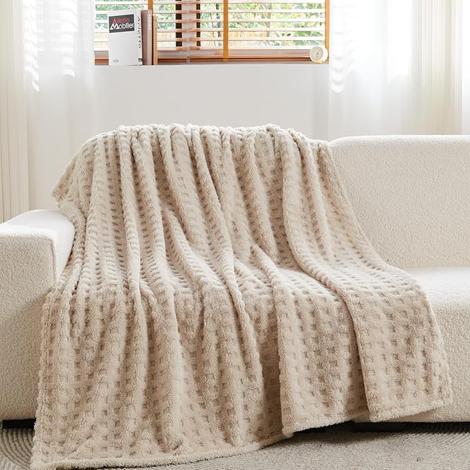 NEWCOSPLAY Super Soft Throw Blanket Linen Premium Silky Flannel Fleece 3D Waffle Checkered Lightweight Bed Blanket All Season Use (Linen, Throw(50"x70"))
