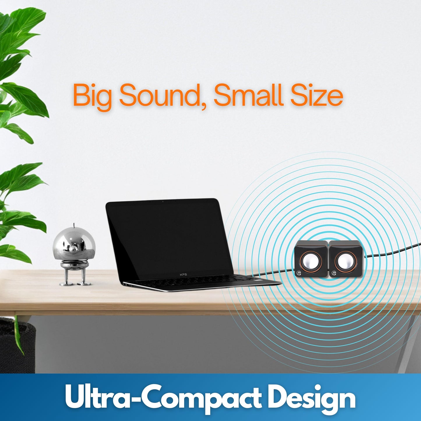 Manhattan USB Powered Stereo Speaker System - Small Size - with Volume Control & 3.5 mm Aux Audio Plug to Connect to Laptop, Notebook, Desktop, Computer - 3 Yr Mfg Warranty - Black Orange, 161435