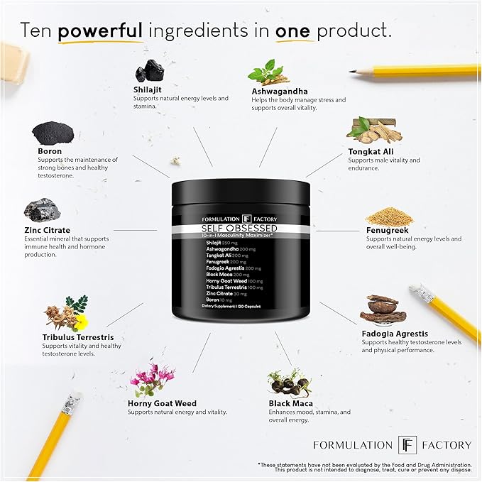 Self Obsessed 10 in 1 Masculinity Maximizer Supplement, Shilajit for Men, Tongkat Ali, Ashwaganda, Fenugreek Muscle Growth, Energy Management, Drive, Strength, Recovery 1-month supply (Pack of 1)
