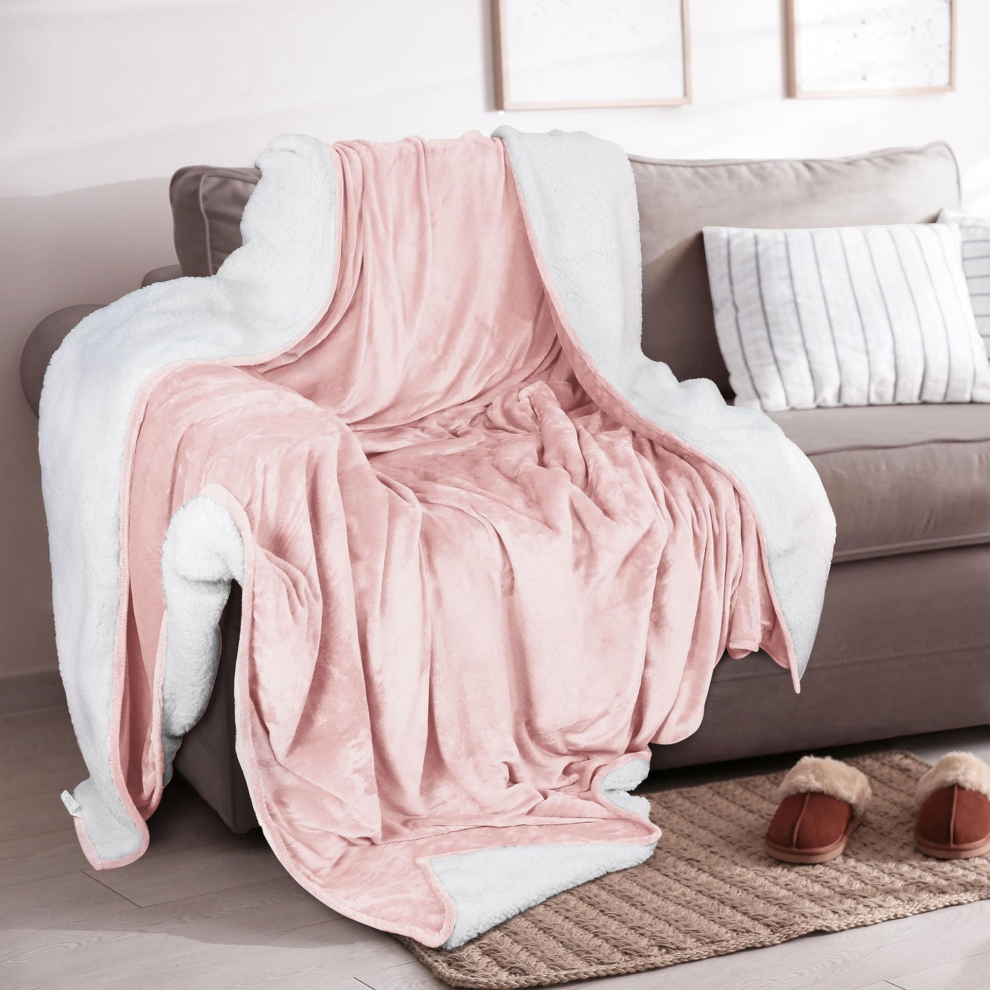 Utopia Bedding Sherpa Blanket Queen Size (Pink, 90x90 Inches) - Soft Lightweight Plush Fleece Reversible Blanket for Bed, Sofa, Couch, Camping and Travel