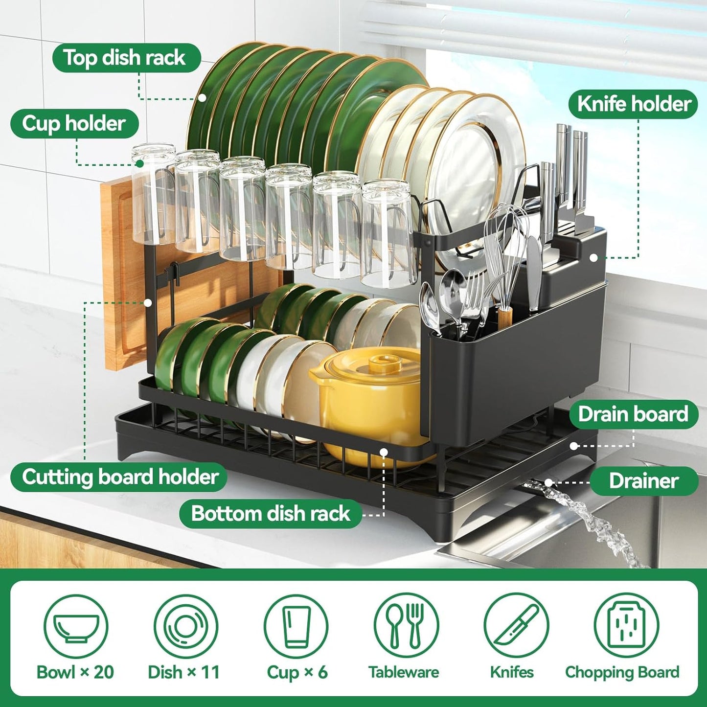 2-Tier Dish Drying Rack with Drainboard, Sink & Countertop Metal Dish Rack Organizer, Dish Drainers for Kitchen Counter, Black