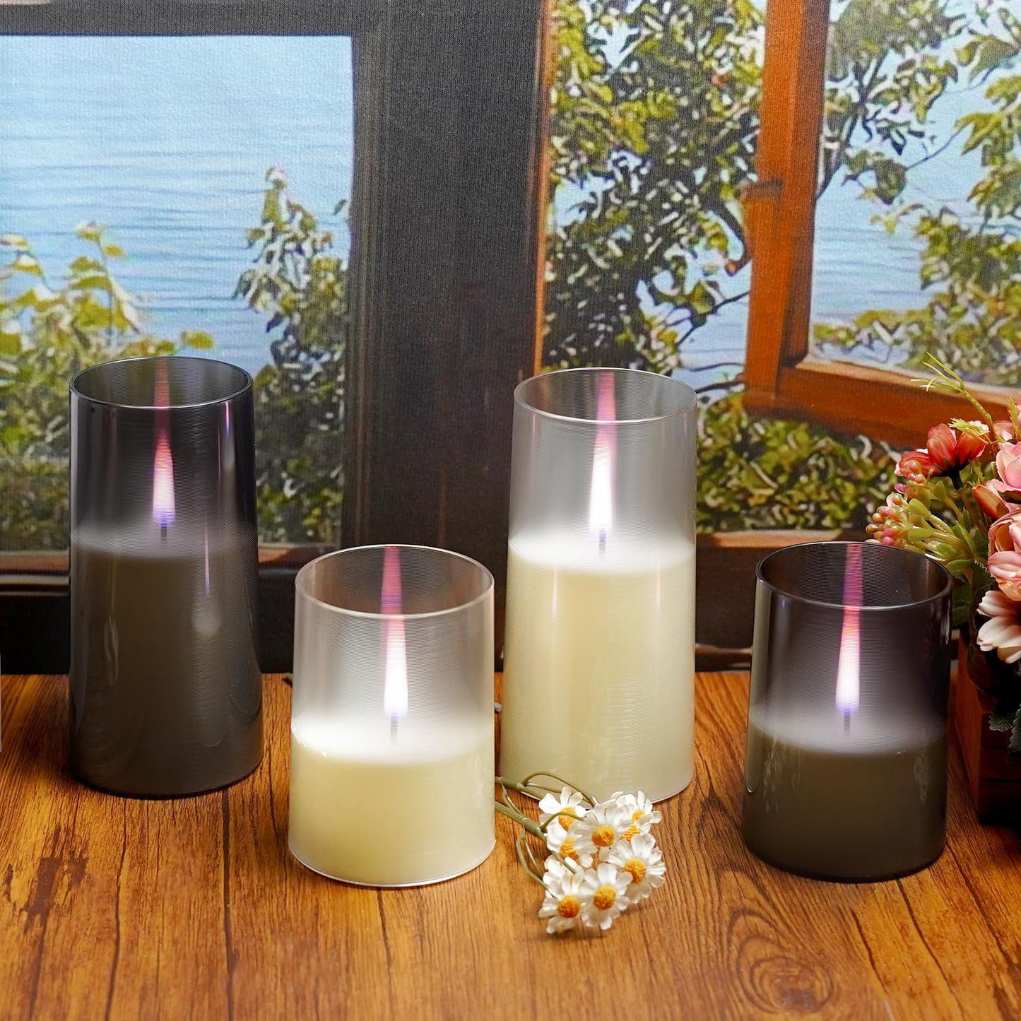 kakoya Flameless Candles Upgraded Realistic Flickering Flame,Battery Operated LED Candles with Remote Timers,Acrylic Electric Candles Set of 3(D 3" xH 4" 5" 6")（Grey）