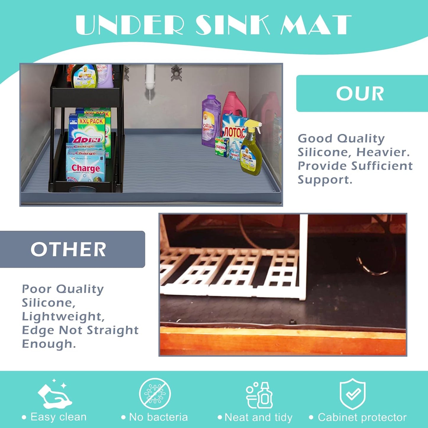 URMONA Waterproof Silicone Under Sink Mat 37'' x 22'' Shelf Liner for Kitchen and Bathroom, Cabinet and Counter Protector, Storage and Organizers, Litter Mat, Pet Cat Puppy Essentials(Light Grey)
