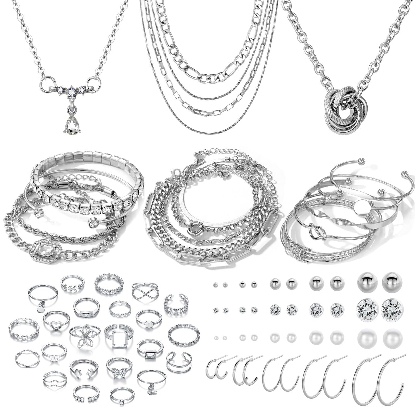 IFKM Silver Jewelry Set For Women With Chokers Pendant Necklaces, Layered Link Bracelets Bangle, Stackable Knuckle Rings, Stud And Hoop Earrings Dainty Elegant Cute Valentine Anniversary Birthday Friendship Gift