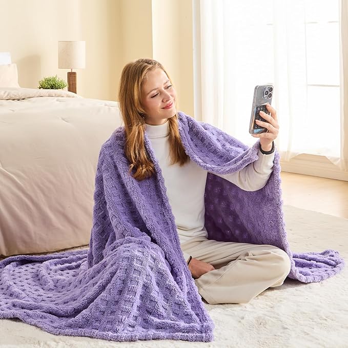 NEWCOSPLAY Super Soft Twin Blanket Lavender Premium Silky Flannel Fleece 3D Waffle Checkered Lightweight Bed Blanket All Season Use (Lavender, Twin(60"x80"))