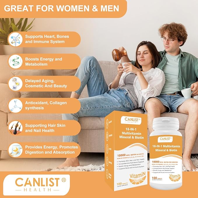 Hair Skin and Nails Multi-Vitamin for Men & Women, 10000mcg Biotin & Multimineral, Contains B-Vitamins, Vitamins C, E & D3, Trace Minerals, Zinc, Gluten-Free, Dairy-Free, Soy-Free, 100 Tablets