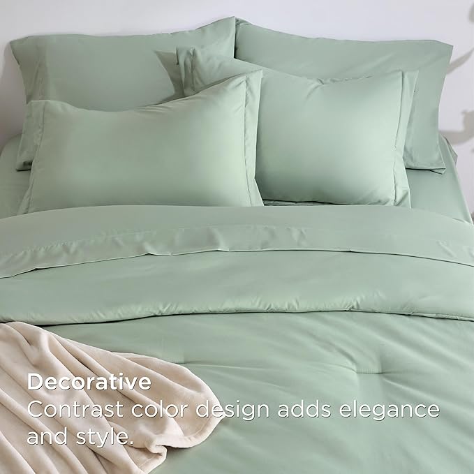 Bedsure Full Comforter Set Sage Green, 8 Pieces Prewashed Full Size Bed in a Bag with Soft Fleece Bed Blanket, Down Alternative Bedding Set for All Seasons, Sheets, Pillowcases & Shams