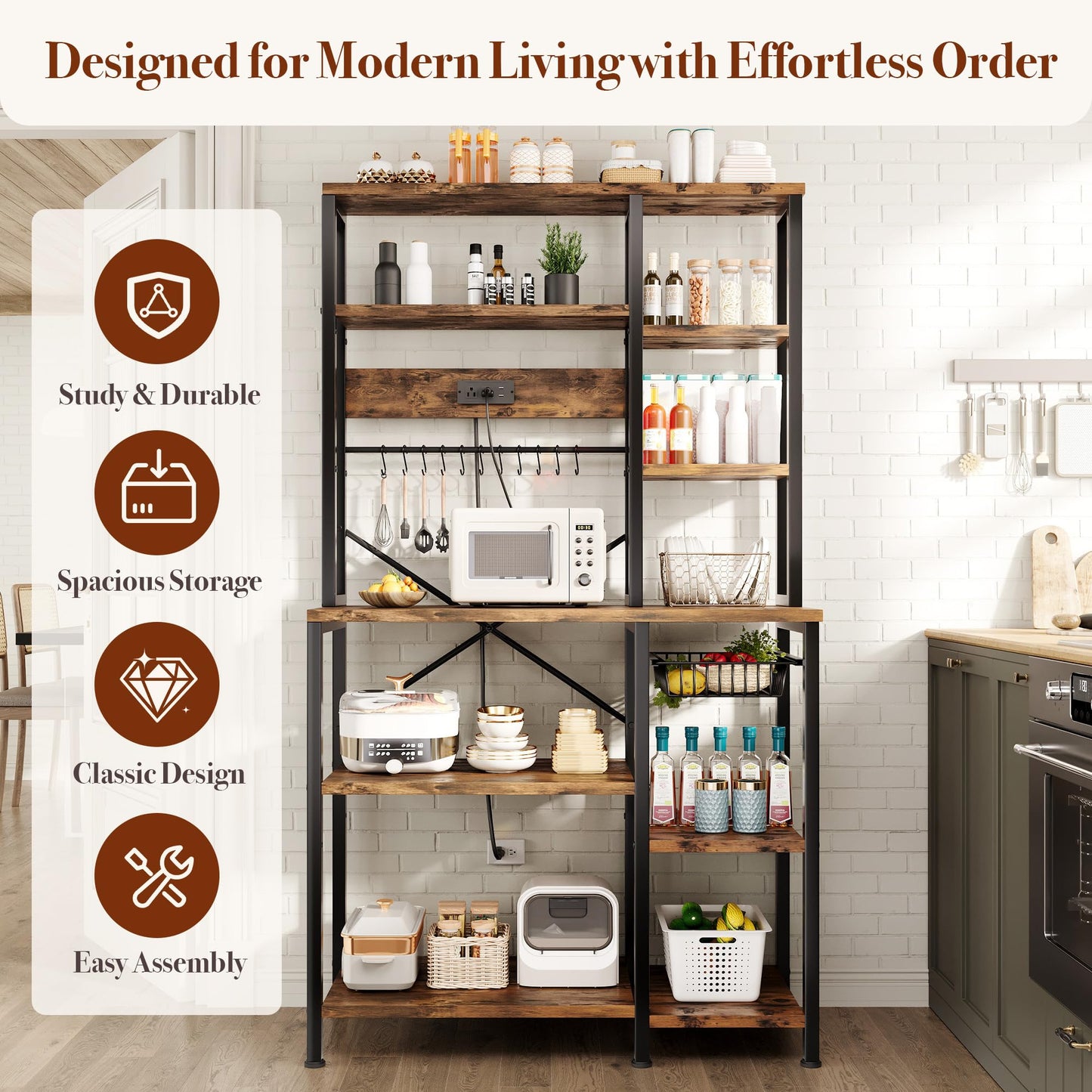 GRUSIGN Kitchen Bakers Rack with Storage, 6-Tier Coffee Bar Station with Power Outlet, Microwave Stand with 12 S-Shaped Hooks, Open Kitchen Storage Shelves for Spices, Pots and Pans, Rustic Brown