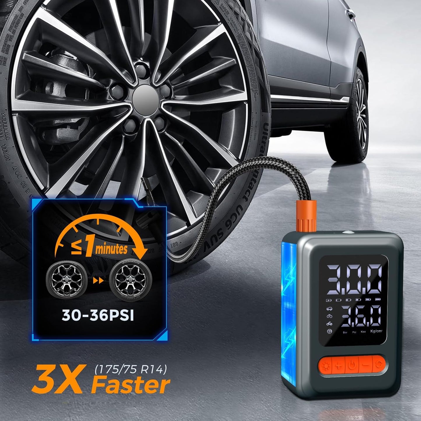 Tire Inflator Portable Air Compressor, 150 PSI Cordless Mini Bike Tire Pump, Air Pump for Auto, Motorcycle, Bicycle, Balls with Pressure Gauge&LED Light, Grey, Medium