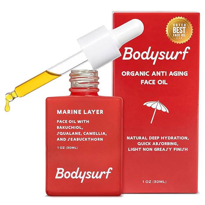 Bakuchiol Face Oil & Serum Alternative - Luxury Anti-Aging Facial Oil with Camellia, Seabuckthorn & Jojoba - Hydrating Organic Skincare Faceoil for Radiance & Wrinkles - Bodysurf Marine Layer (1oz)