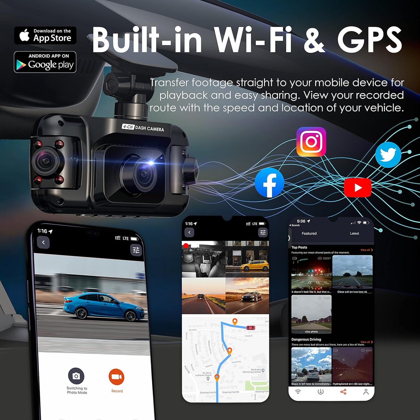 R4-4 Channel Dash Cam W/All Around 1080p Resolution, Wi-Fi, GPS, IR Night Vision, Parking Mode, Collision Detection, Type-C Port