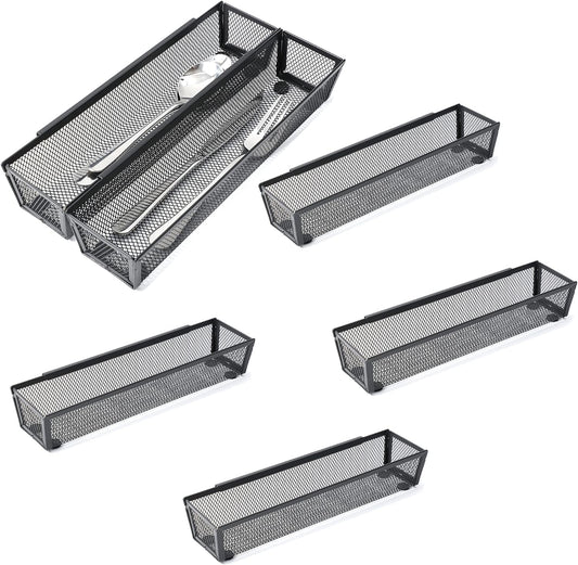 6 Pack Black Silverware Drawer Organizer Kitchen Drawer Utensil Cutlery Tray Office Supplies with Inter-locking Arm Drawer Dividers Organizer for Silverware, Flatware, Home,Office, School,Bedroom 12X3