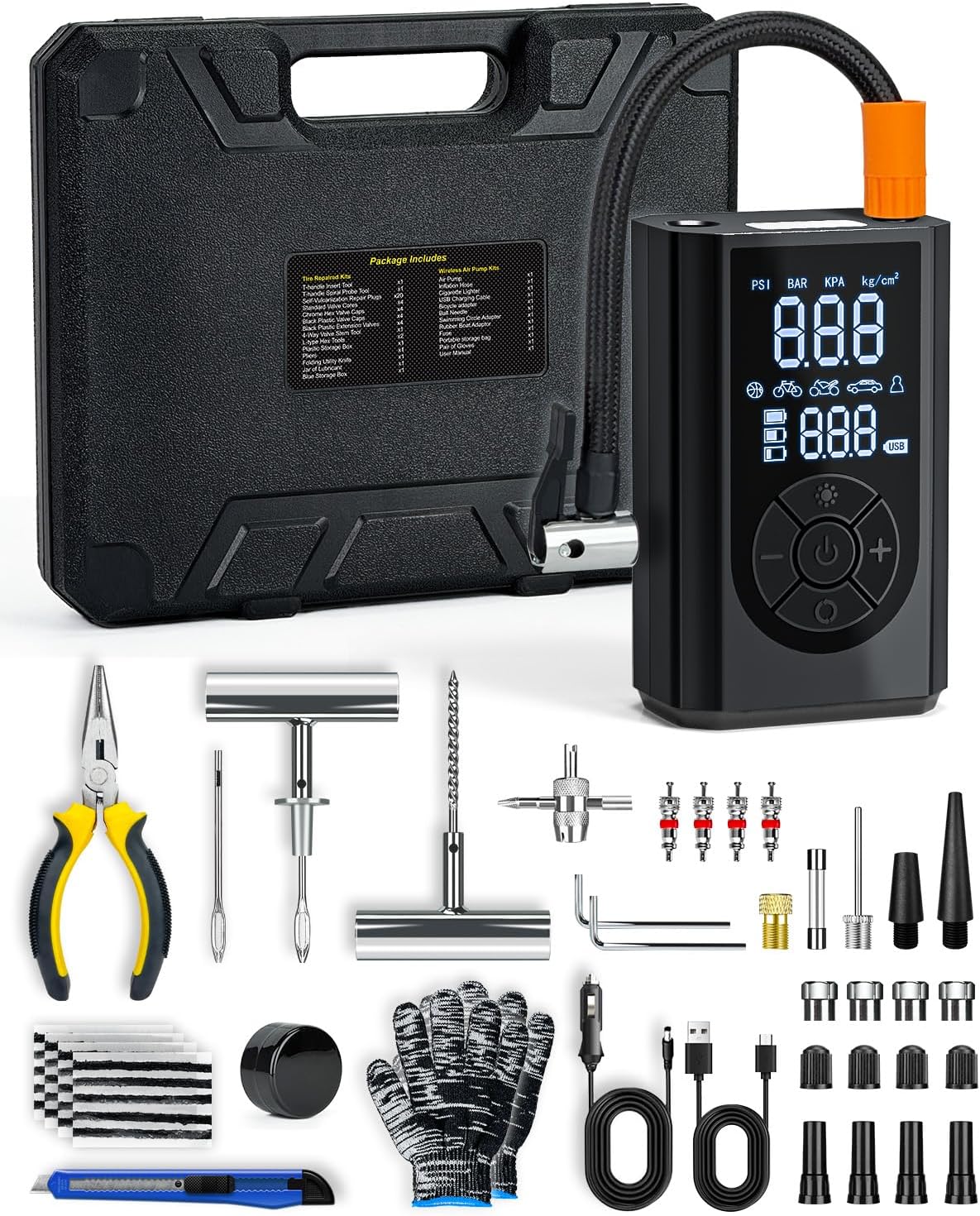 Tire Repair Kit with Portable Air Compressor, Tire Plug Kit 58PCS with Cordless Tire Inflator (150 PSI) for Car, Motorcycle, Tractor, Truck, Ball