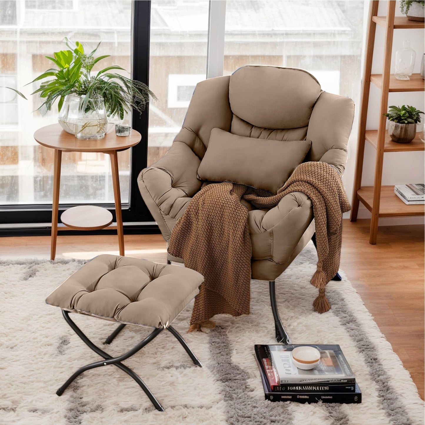Furlide Lazy Chair with Ottoman, Modern Lounge Armchair with Lumbar Pillow, Accent Cozy Reading Chair and Folding Footstool for Bedroom, Dorm, Living Room,Khaki