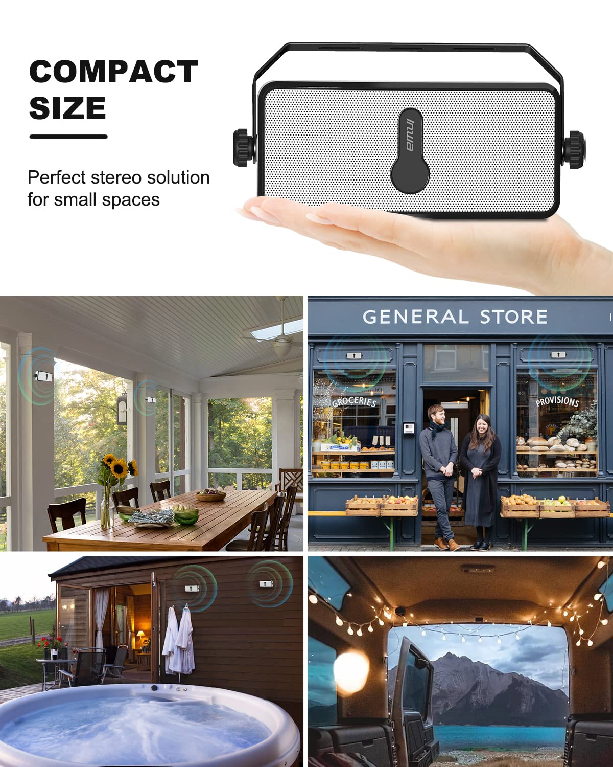 Inwa Bluetooth Outdoor Speaker, IPX5 Waterproof Wall Mount Speaker, Wireless Sync Up to 100 Speakers, Connect Seamlessly to Phone, Computer, Echo Dot, Suitable for Patio, Porch, Gazebo, Garage, 2 PCS
