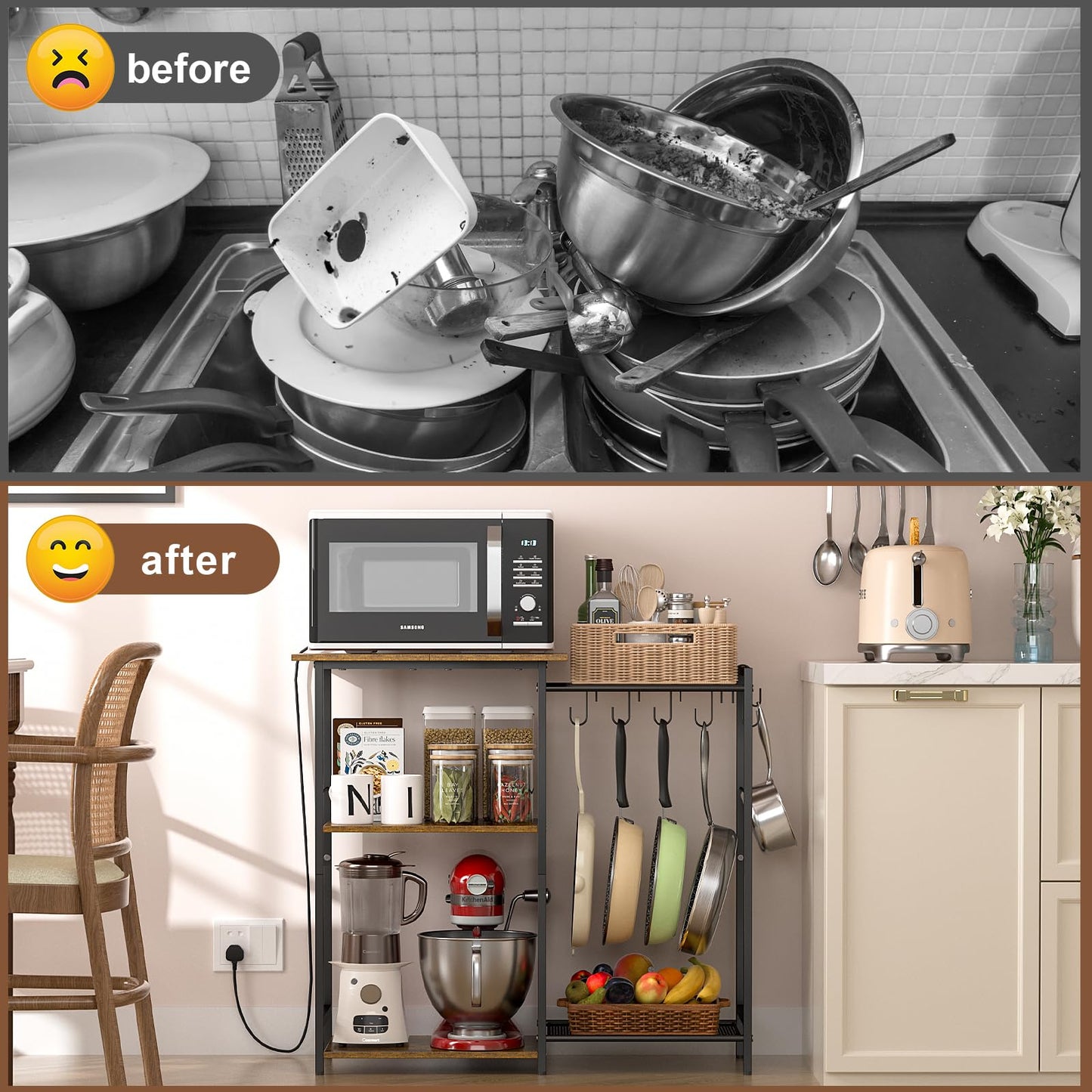 Kitchen Stand with Pots Rack, Utility Microwave Oven Stand with Storage, 5 Tiers Coffee Bar Table, Small Kitchen Bakers Rack with 6 S Hooks, Kitchen Storage Shelf Rack for Spices, Pots, Rustic Brown