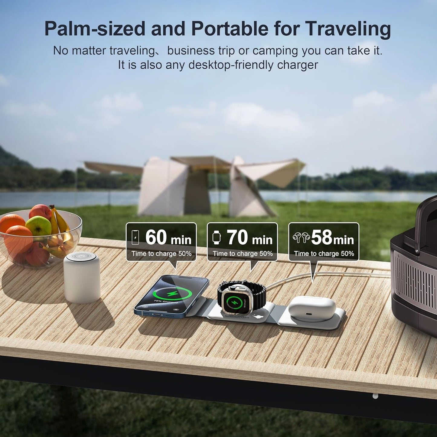 UCOMX 3 in 1 Charging Station for Multple Devices,Foldable 3 in 1 Wireless Charger for Travel,Nano Wireless Charging Station for iPhone16 15 14 13 12 Pro Max/Watch 10 9 8 7 6 5 4 3 Ultra/AirPod Pro