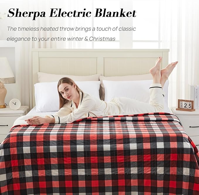 Westinghouse Twin Size Electric Blanket, Soft Flannel to Sherpa Heated Blanket with 10 Heating Levels & 1 to 12 Hours Heating Time Settings, Fast Heating Blanket, Red Plaid, 62x84 Inches
