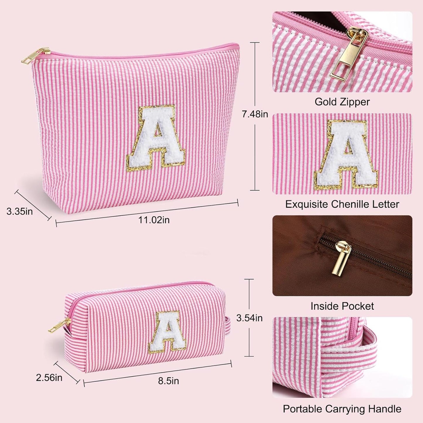 YOOLIFE Birthday Gifts for Girls - Personalized Initial Cute Pink Cosmetic Makeup Bag Pouch Make Up Bags Travel Toiletry Bag for Her Mom Girlfriend Wife Teacher 18th Birthday Gifts for Girls H