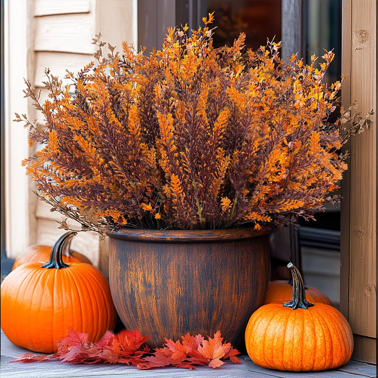 TURNMEON 10 Bundles Artificial Fall Flowers for Outdoors Fall Decorations, UV Resistant Artificial Lavender Plastic Flowers Faux Fall Plants Fake Mums Autumn Thanksgiving Decor Porch Home Gardens