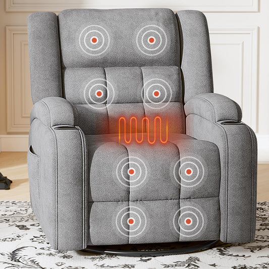 Furnimart 360° Swivel Rocker Recliner with Heat and Massage, Manual Comfy Recliner Chair for Adult, Chenille Glider Rocker Chaise Lounge for Living Room, Bedroom, Home Theater (Gray)