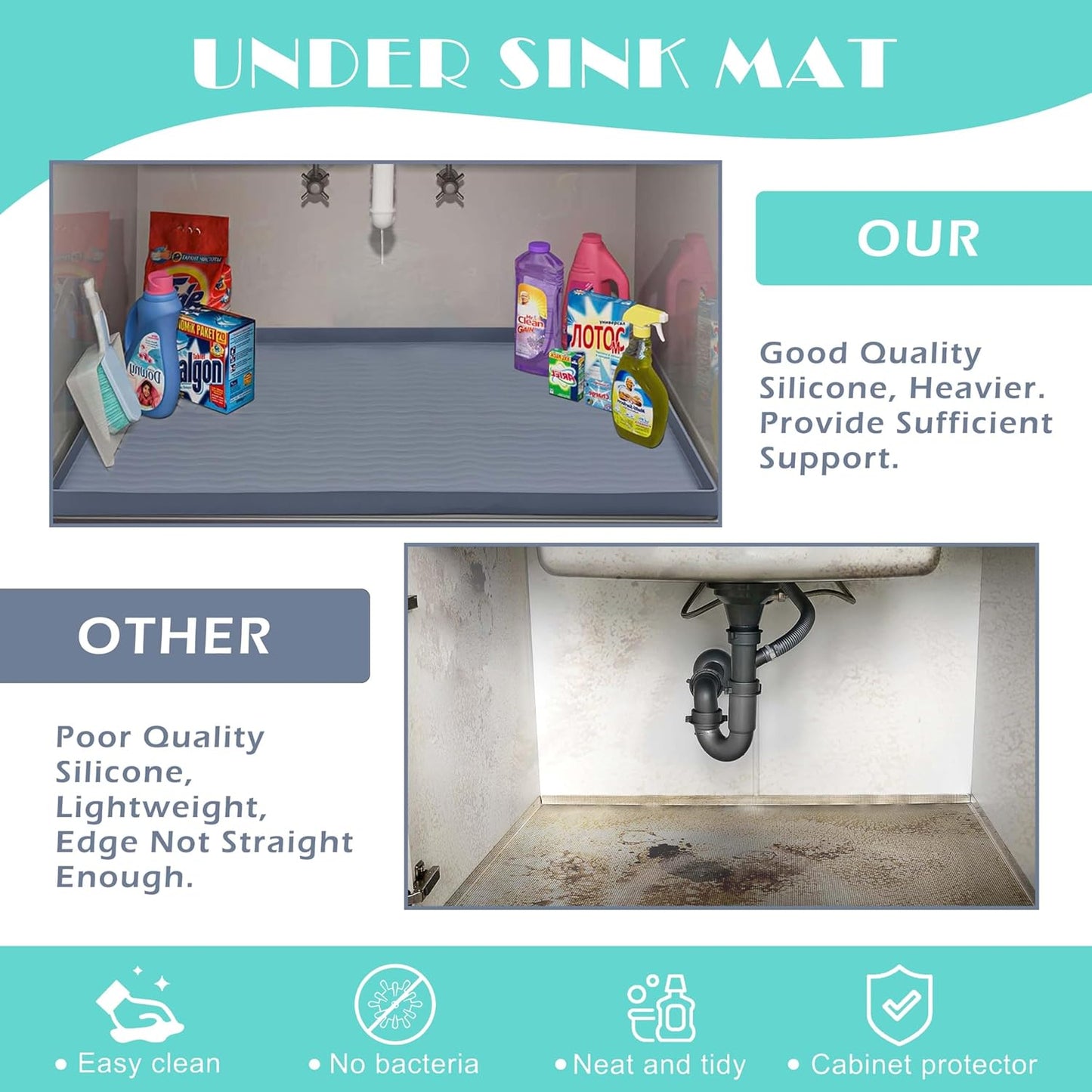 URMONA Waterproof Silicone Under Sink Mat 28'' x 22'' Shelf Liner for Kitchen and Bathroom, Cabinet and Counter Protector, Storage and Organizers, Litter Mat, Pet Cat Puppy Essentials(Light Grey)
