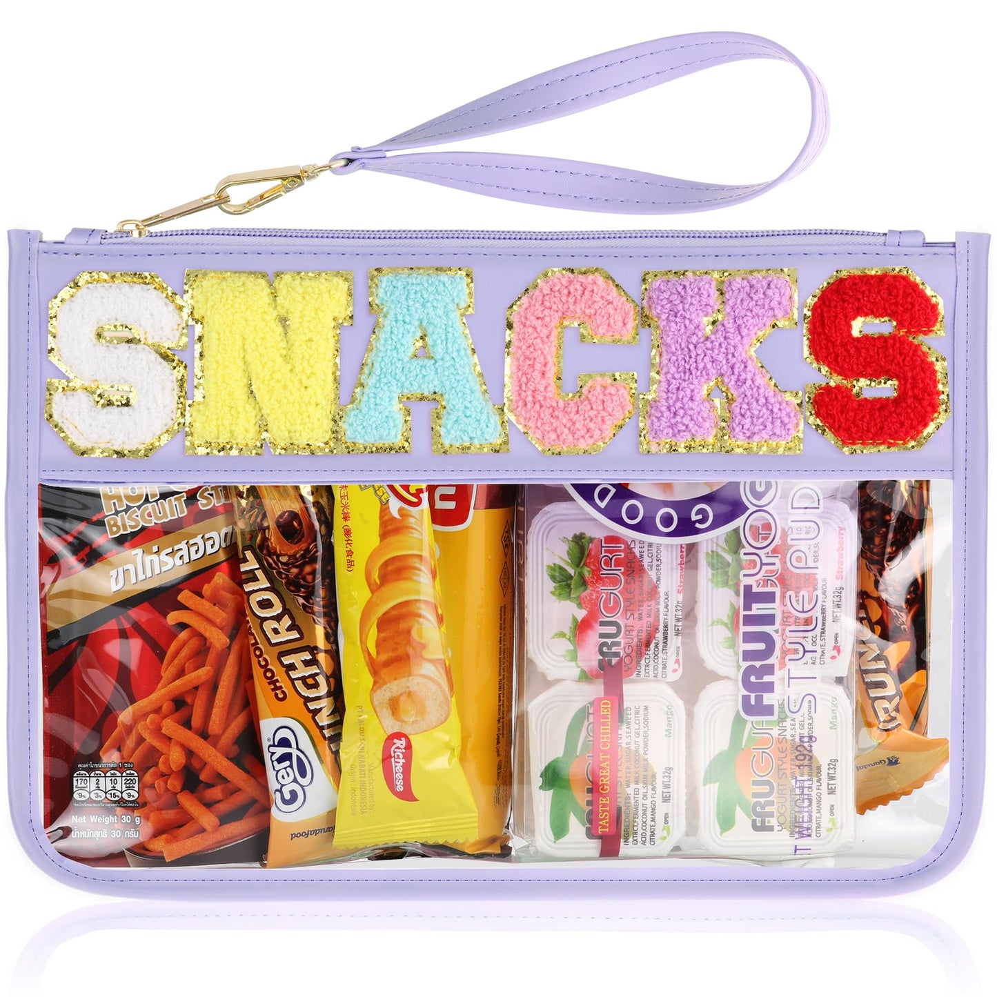 Snack Bag for Travel - Clear Chenille Varsity Letter Flat Pouch with Zipper, Waterproof Clear Nylon Preppy Patch Makeup Cosmetic tote Bags for Women Girls