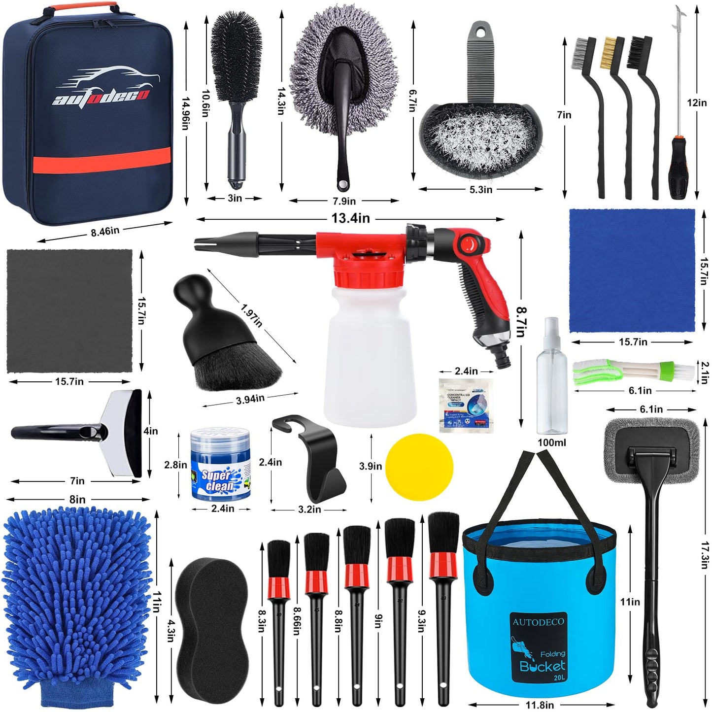 AUTODECO 42Pcs Car Wash Detailing Kit Cleaning Kits with Foam Gun Sprayer Wash Brush with Long Handle Collapsible Bucket Large Wash Mitt Towels Complete Interior Exterior Car Washing Supply Set Blue
