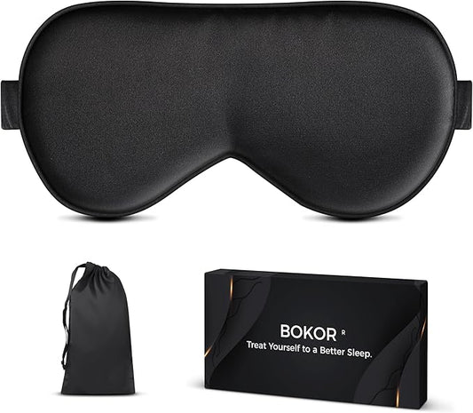 BOKOR Silk Sleep Mask - FSA/HSA Eligible Eye Mask for Sleep, Mulberry Silk Luxury Eye Cover, Light-Blocking, Skin-Friendly & Lightweight, Reduces Puffy Eyes - with Travel Bag & Gift Package - Black