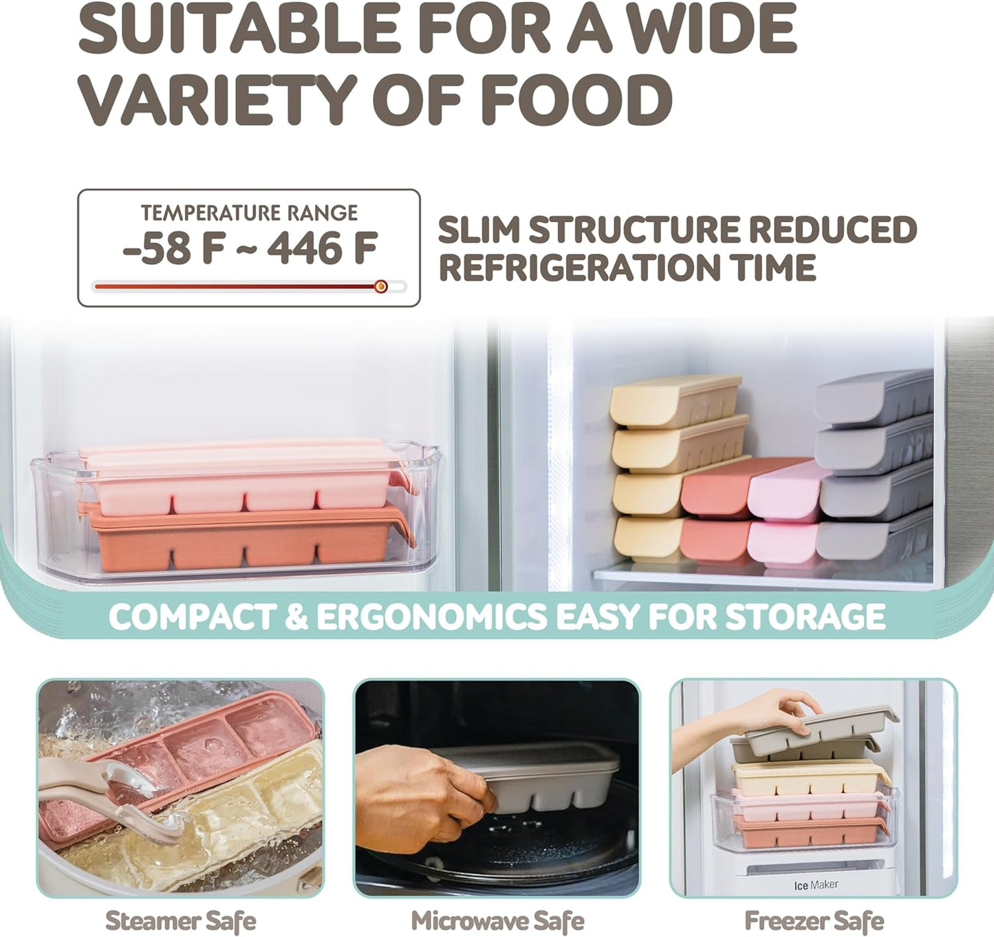 Silicone Freezer Trays with Lid,1.7oz 4 Section - Leak Proof Silicone Freezer molds for Homemade Baby Food Breastmilk,Purees, Vegetables, Baby Food Jars Ice Tray with Lid BPA Free Taupe Brown