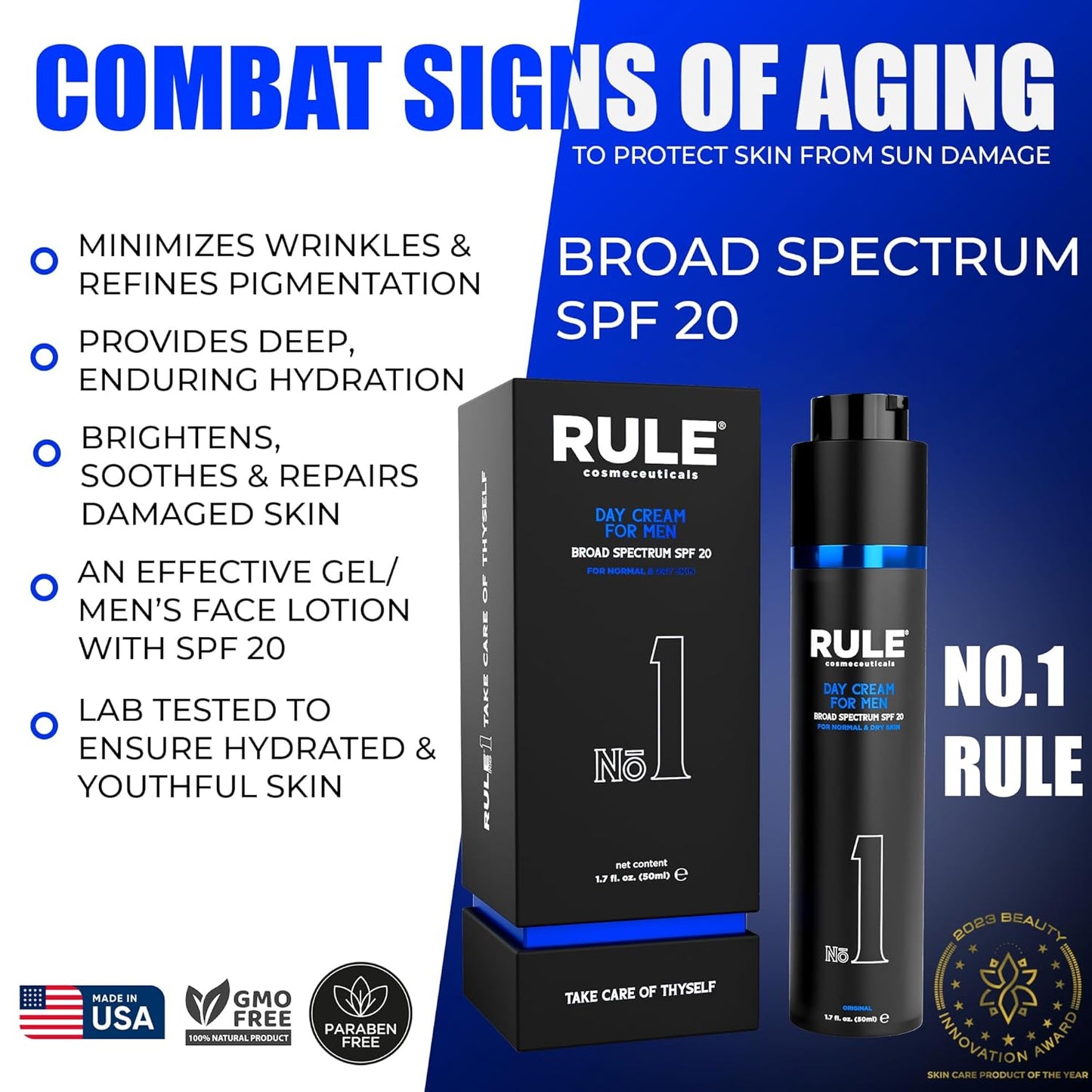 No.1 Day Cream for Men, 10-in-1 Anti-Aging Face Moisturizer to Reduce Wrinkles & Dryness, SPF 20, Collagen, Vitamins B, C & E - Normal & Dry Skin - Original, 50 mL