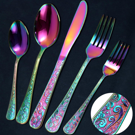 Chuleno Vintage Floral Carved Rainbow Silverware Set for 6, 30-Piece Stainless Steel Flatware Set with Knife/Fork/Spoon, Cutlery Set for Home and Kitchen, Mirror Polished Utensil Set for Gift