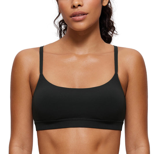 CRZ YOGA Womens Butterluxe Adjustable Spaghetti Strap Sports Bra - Scoop Neck Wireless Padded Yoga Workout Crop Top Black X-Small