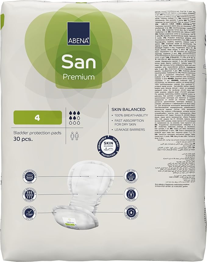 Abena San Premium Incontinence Pads, Moderate Absorbency, (Sizes 4 to 7), Size 4, 540 Count
